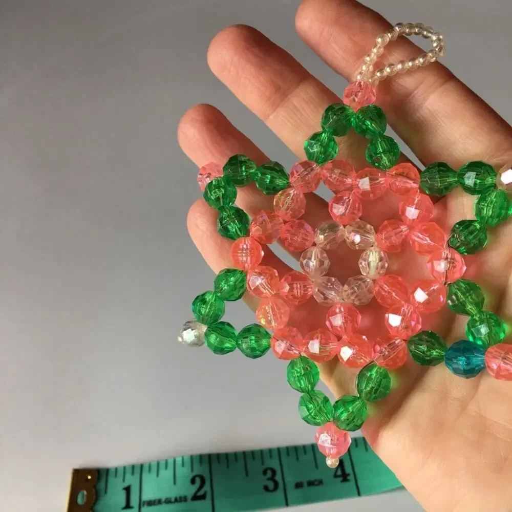 Vintage beaded Christmas star - handmade Christmas ornament, green and pink